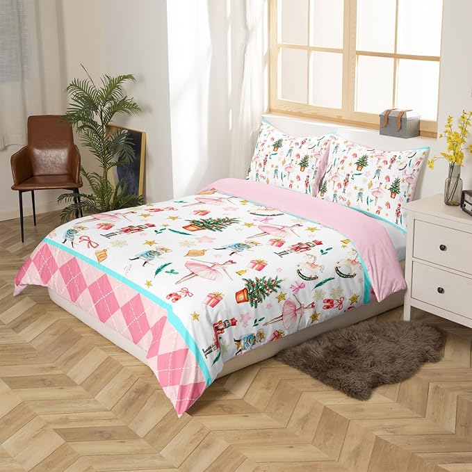Feelyou Nutcracker Christmas Pink Comforter Cover Twin Size Xmas Royal Guarder Ballet Princess Duvet Cover New Year Pink Buffalo Plaid Bedding Set Gifts for Kids Boys Girls 1 Pillow Case