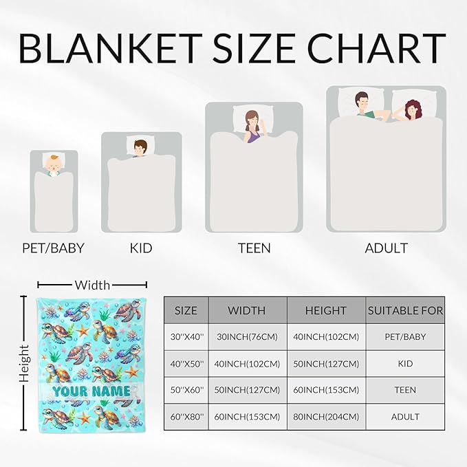 Personalized Turtle Gifts for Girls - 40" x 50" Inches Cute Turtle Throw Blanket for Boys Kids - Green Soft Fuzzy Blankets for Sofa, Crib & Bed