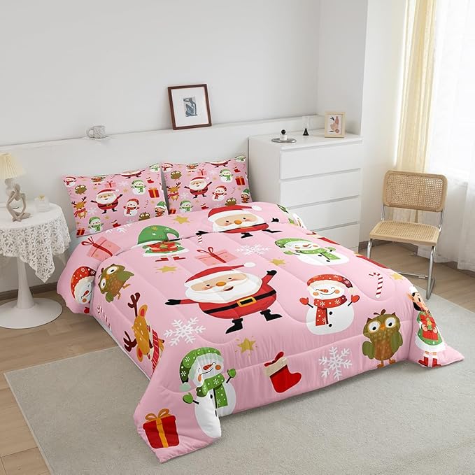 Erosebridal Merry Christmas Bedding Set for Kids Santa Claus Quilts Cute Cartoon Snowman Comforter Set Twin Size with 1 Pillow Case Xmas Snowflake Duvet Insert,Pink