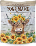 Personalized Highland Cow Blanket Gifts for Kids Boys Girls, 40x30 Inches Cute Throw Blanket for Highland Cow Lovers, Custom Soft Fuzzy Sunflower Blankets for Lap Chair Travel