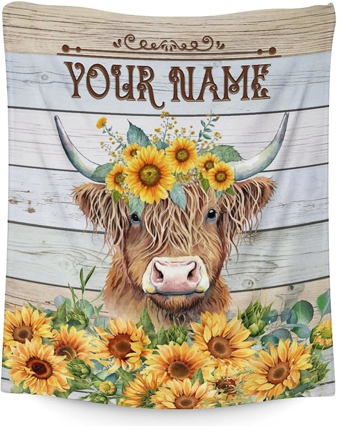 Custom Throw Blanket for Women - Cute Highland Cow Blanket Gift for Mom Daughter Grandma Nana - 80x60 Inches Personalized Aesthetic Sunflower Throws with Name for Bed Couch Sofa