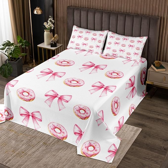 Pink Bowknot Kids Bedspread Queen Size,Donut Dessert Cartoon Food Toddler Coverlet Set,Girls Women Room Decor,Bow Tie Knot Princess Style Quilted Coverlet,Cute Fashion Bedding Quilt,2 Pillowcases
