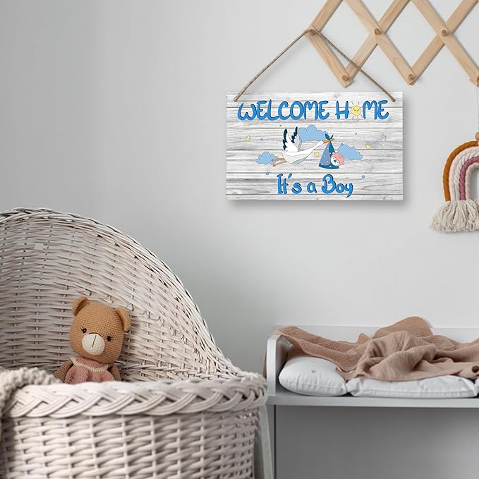 Welcome Home Newborn Baby It’s a Boy Wooden Door Sign, Baby Boy Signs for Door, Welcome Sign Décor for Front Door & Nursery, Hanging Newborn Announcement Plaque