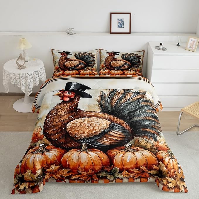 Feelyou Boys Girls Thanksgiving Comforter Cover Queen Size, Fall Autumn Comforter Set for Turkey Duvet Cover Kids Pumpkin Teens Bedspread Cover Bedroom Decor Bed Set 3Pcs