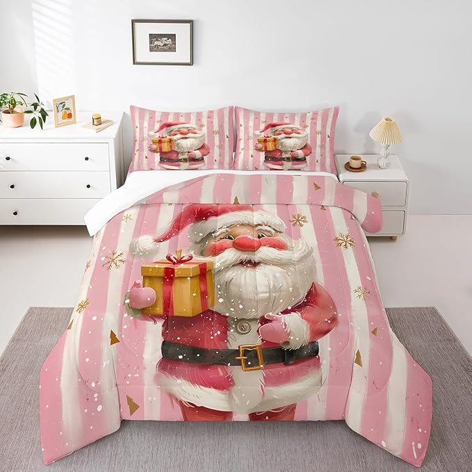 Cartoon Santa Claus Comforter Set Twin Size,Merry Christmas Snowflake Bedding Set for Kids Boys Girls Room Decor,Red Pink Stripes Quilt Set 2Pcs,Xmas Theme Microfiber Duvet Insert,1 Pillowcase