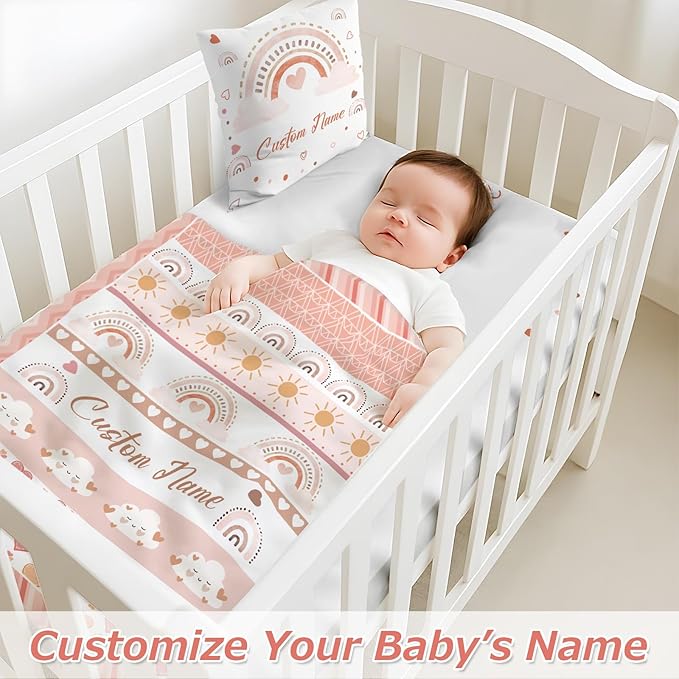 Personalized Baby Crib Bedding Set,3 Piece Custom Name Nursery Set with Blanket, Fitted Sheet & Pillowcase for Baby Girls & Boys, Boho Rainbow Theme(Fixed Size)
