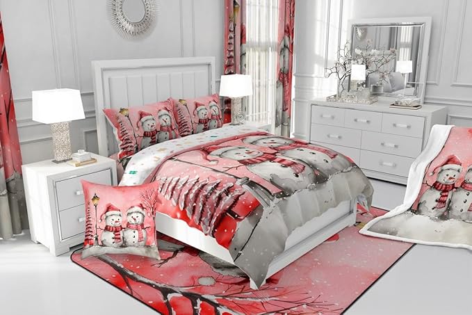 Feelyou Christmas Bedding Set Soft for Boys Girls, Pink Watercolor Snowman Comforter Set Full Size Xmas Winter Duvet Quilt Microfiber Snowflake Bedroom Decor 3 Pcs with 2 Pillow Cases