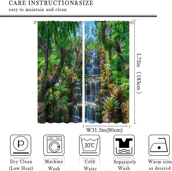 Waterfall Blackout Window Curtains, Spring Forest Nature Landscape Theme Pattern Print Window Drapes, for Living Room Bedroom 63x72in 2 Panels