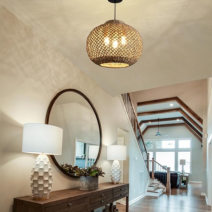 17" Woven Rattan Ceiling Pendant Light Fixture 3-Light Boho Coastal Brown Wicker Hanging Lighting of Kitchen Island Farmhouse Dining Room Entryway Foyer