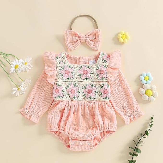 Gaono Newborn Baby Girl Smocked Bubble Romper Cute Boho Summer Clothes Ruffle Sleeveless Crochet Flower Vintage Bodysuit