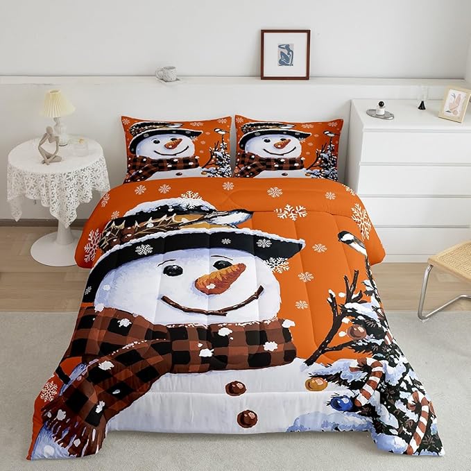 Feelyou Kids Christmas Theme Decorations Bedding Set Xmas Snowman Comforter Set for Boys Girls Snowflake Kawaii Cute Comforter Pumpkin Orange Quilt Set Bedroom Collection Full Size