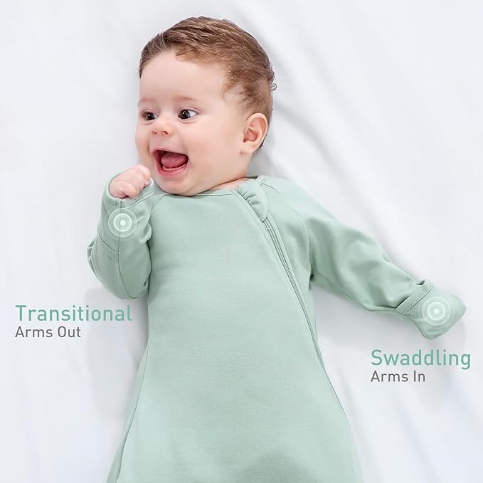 Baby Transitional Swaddle Sack Arms Up Sleeves Mitten Cuffs 2 Pack 6-12 Months, Soft Cotton Wearable Swaddling Blanket Sleeping Sacks for Newborn Babies Boys Girls Calms Startle Reflex Sleep Bag