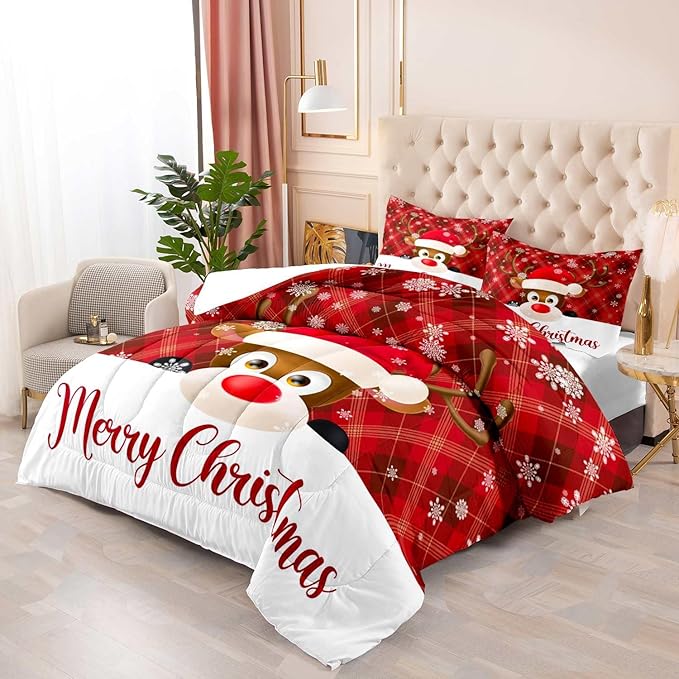 LUVIVIHOME 3PCS Merry Christmas Comforter Set King Size, Snowflake Cartoon Funny Cute Elk Deer Bedding, Xmas Christmas Bedroom Decor, Soft Microfiber White Red Quilt, 2 Pillow Shams