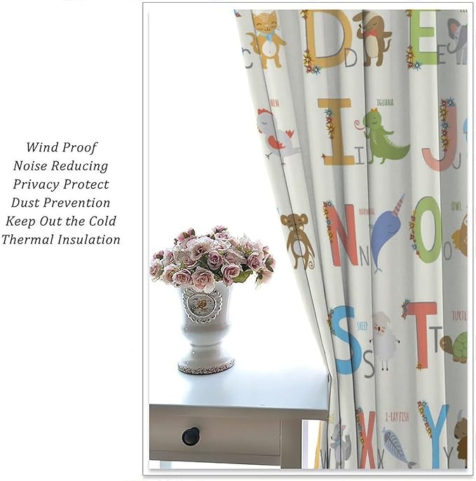 Kids Alphabet Curtains Funny Letter Education Cute Cartoon Animal Printed Curtain with Rod Pocket for Bedroom Living Room Home Decor Drapes Window Treatments 2 Panels Set 84" W X 84" L