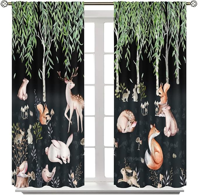Forest Animal Curtains, Watercolor Cartoon Woodland Plants Animals Bears Moose Mushrooms Printed Curtains for Kids Boys and Girls Bedroom Window Drapes 55x63in