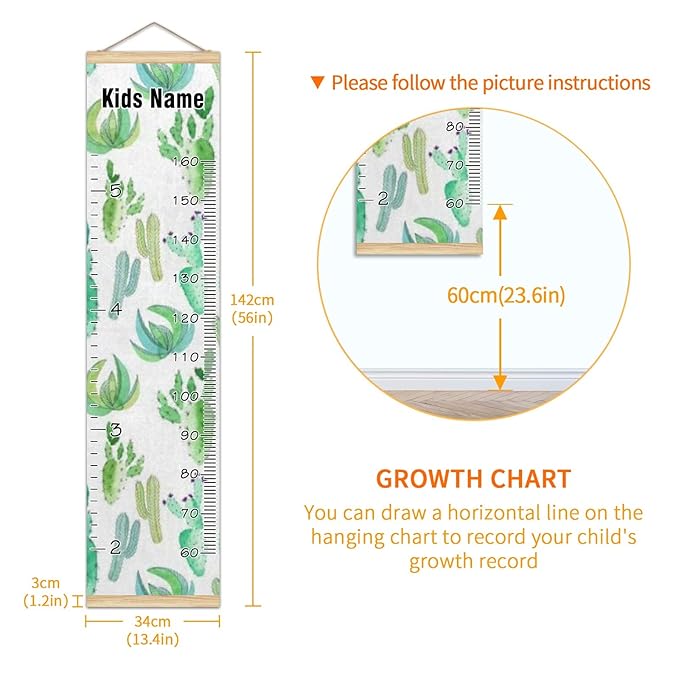 Personalized Kids Name Growth Chart Ruler for Wall Wood Frame Height Measure Chart 13.4x56 in Linen Hanging Height Growth Chart Cactus Green Watercolor Kids Room Decor