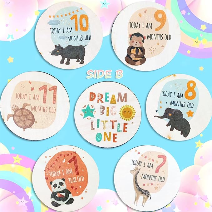 Baby Monthly Milestone Cards for Newborn Girl or Boy,Safari Monthly Baby Milestone Cards Baby Anniversary Signs,Baby Shower Cards Come with Organza Gift Bag (Milestone Wooden Circles)