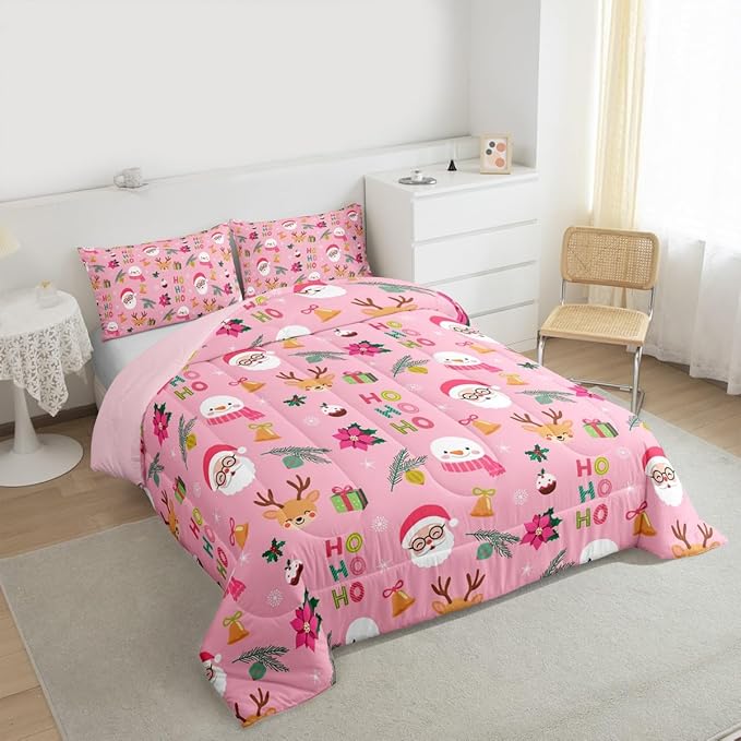 Feelyou Santa Claus Comforter Set King Size Xmas Bedding Set for Kids Boys Girls Christmas Decor Duvet Quilt Happy New Year Bedroom Decor Microfiber 3 Pcs with 2 Pillow Cases