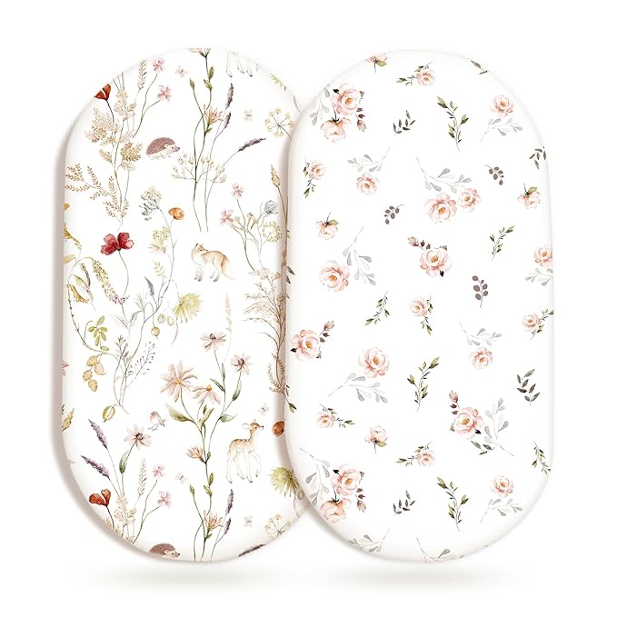 GRSSDER Ultra Soft Bassinet Sheets 2 Pack, Stretchy Breathable Knit Bassinet Mattress Sheets for Baby, Universal Fitted Baby Cradle Moses Basket Oval Rectangle Pads Safe and Snug, Stylish Flora