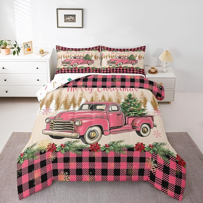 Erosebridal Christmas Comforter Sets Merry Xmas Tree Bedding Sets Twin Red Truck Painting Down Comforter,Lattice Decor Bed Set for Kids Boys Girls Teens Bedroom Decor,Reversible
