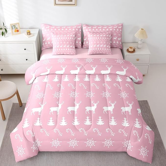 Erosebridal Christmas Twin Bedding Set 7 Piece,Xmas Elk Deer Bed in A Bag,Candy Snowflake Comforter Set Pine Tree Woodland Animals Sheet Set with Comforter,Pink Christmas Decoration