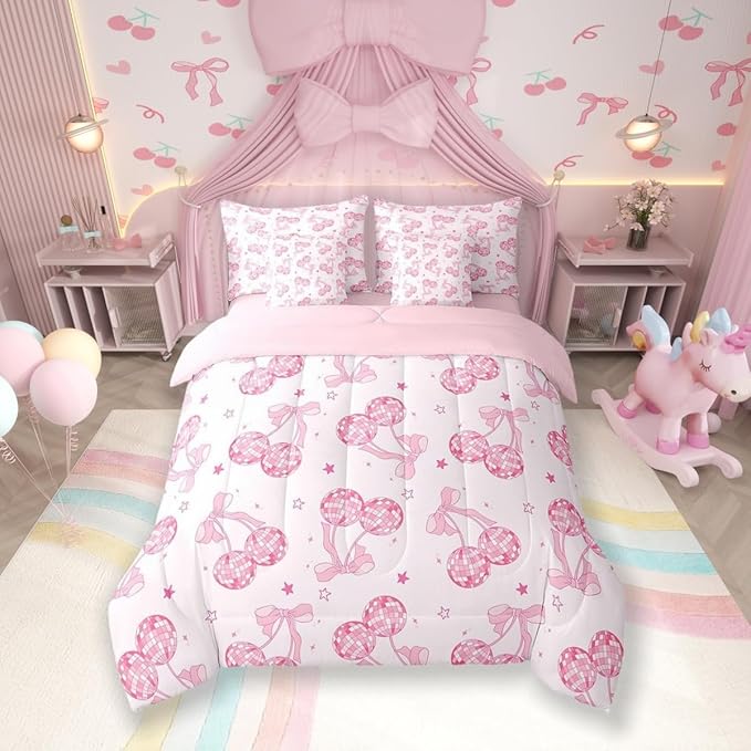 7 Pieces Bowknot Princess Kids Comforter Set Twin,Disco Crystal Ball Western Cowgirl Bedding Set,Starry Sky Bow Tie Romantic Pink Girly（Comforter+Fitted+Flat Sheet+2 Pillowcases+2 Throw Pillow Covers）