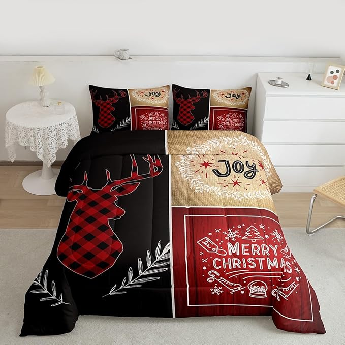 Deer Antler Kids Christmas Comforter Set Twin Size,Elk Plam Leaves Bedding,Girls Boys Adults Bedroom/Xmas Cabin Decor,Plank Lattice Vintage Down Comforter,Rustic Farmhouse Duvet Insert,1 Pillowcase