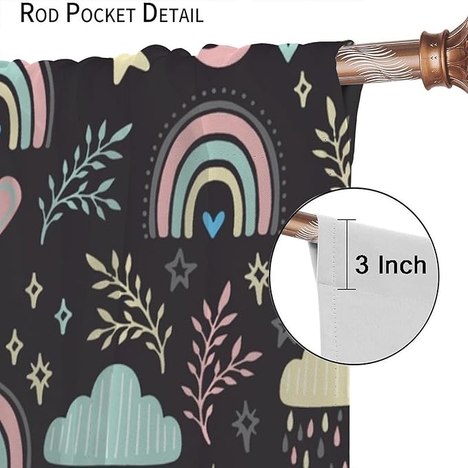 Boho Rainbow Curtains for Kids Nursery Colorful Floral Sun Star Clouds Pastel Bohemian Pattern Print Window Drapes for Girl Bedroom Living Room Kitchen Decor,2 Panel Set,72Wx63H Inch Blackout