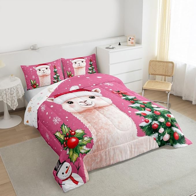 Feelyou Merry Christmas Bedding Set Soft for Boys Girls, Cute Llama Comforter Set Twin Size Snowflake Duvet Quilt Microfiber Christmas Tree Bedroom Decor 2 Pcs with 1 Pillow Cases