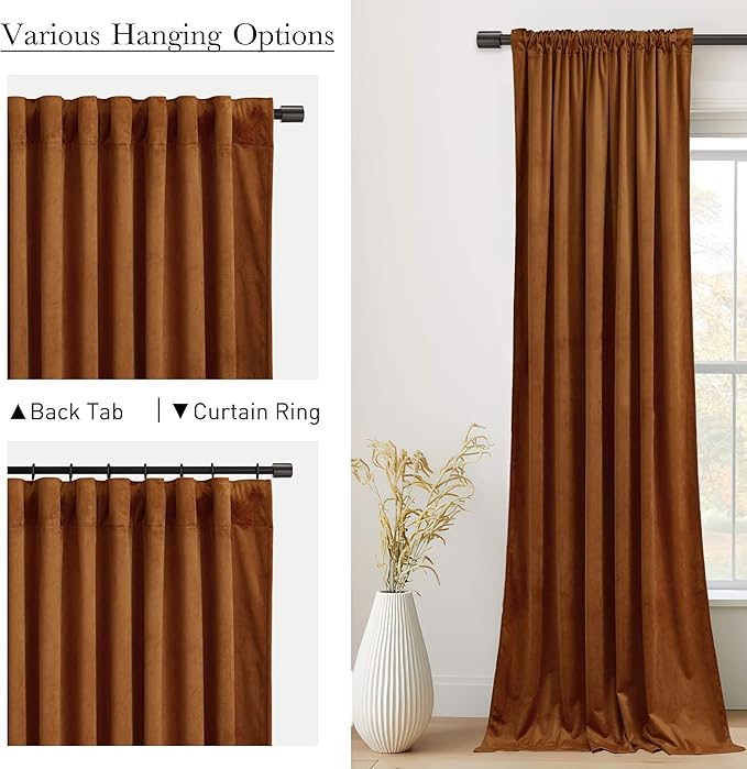StangH Burnt Orange Curtains Velvet - 108 inches Long Living Room Blackout Drapes Back Tab Holiday Home Decor for Living Room/Sliding Door, W52 x L108, 2 Panels
