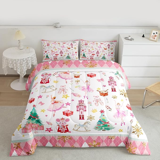 Feelyou Pink Christmas Kids Comforter Set Full Size Ballet Nutcracker Bedding Set Snowflake Duvet Quilt for Kids Boys Girls Bedroom Decor Microfiber Ultra Soft Breathable