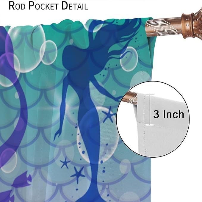 Mermaid Kids Girls Curtains Fantasy Mermaid Silhouette Ocean Theme Beautiful Blackout Window Treatment for Girls Bedroom Nursery Room Decor Rod Pocket Window Drapes 63" W X 72" L