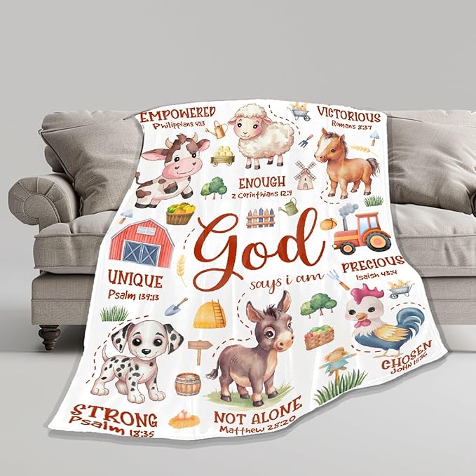 Farm Animal Blanket,Bible Verse Blanket, Christian Gifts, Cow Sheep Horse Chicken Dog Tractor Print Blankets,Cute Religious Gifts for Boys Girls Teens,Farm Animals Lover Room Bed Decoration, 50"x60"