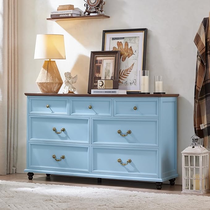 Farmhouse Dresser and Nightstand Sets, Wooden 7 Drawers Dresser & 24" Night Stand with 3 Drawers, 2 Piece Bedroom Furniture Set, Chest of Drawers for Bedroom, Home, Living Room, Hallway