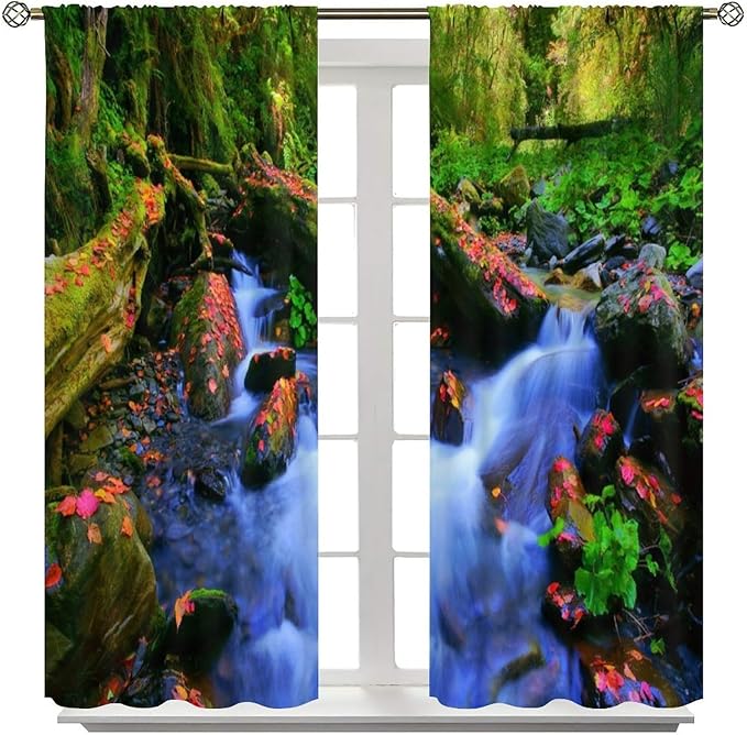 Forest Landscape Blackout Curtains, Natural River Rainforest Waterfalls Plant Print Pattern Window Drapes, for Bedroom Living Room 55" W X 63" L