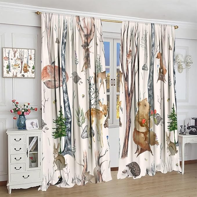 Rustic Forest Window Curtains Curtains, Woodland Animal Bear Deer Hedgehog Fox Forest Squirrel Watercolor Blackout Rod Pocket Window Treatments Drapes for Boys Girls Bedroom 72x63in