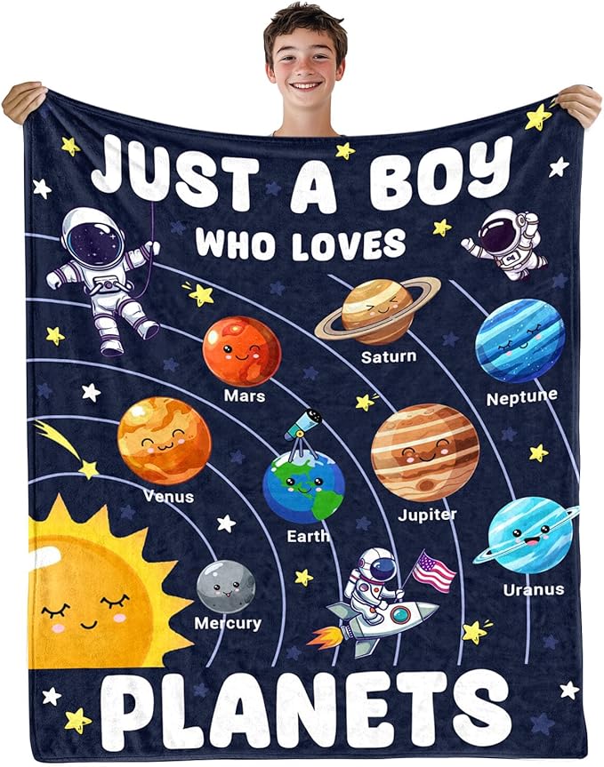 Just A Boy Who Loves Planet Solar System Space Blanket Gifts for Planets Lovers, Cute Planets Blanket Gifts for Christmas, Planet Birthday Gifts for Boys Son Men on Sofa Couch Bed 40"x 50"