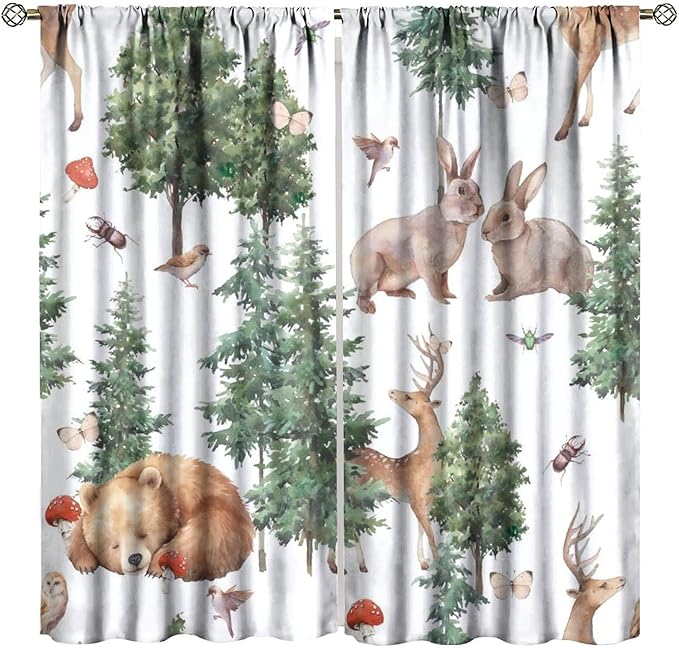 YCness Forest Animal Curtains, Wild Animals Watercolor Woodland Bear Rabbit Cartoon Window Treatments for Kids Bedroom Living Room Kitchen Living Room Drapes, 63x63 Inch