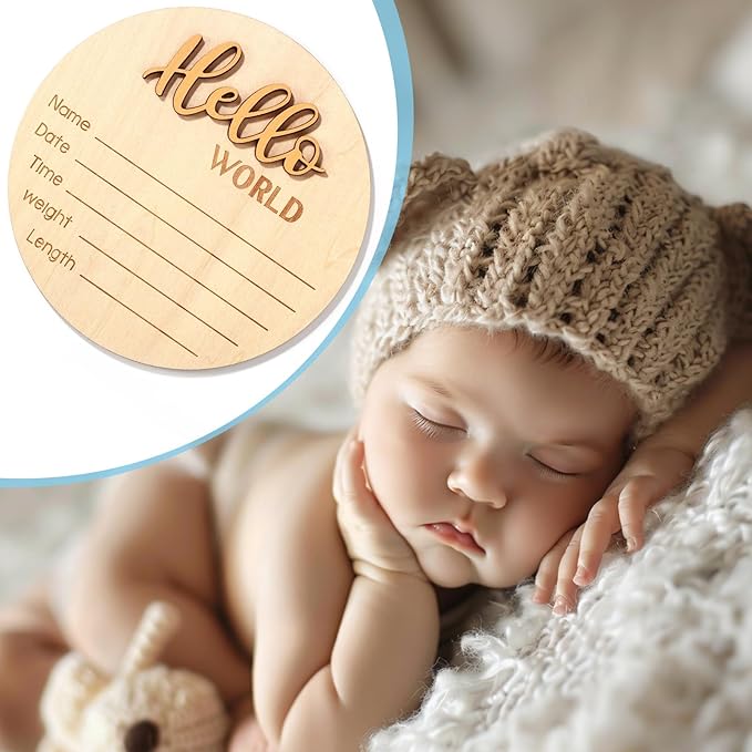 Newborn Announcement Sign, 5.9in Wooden Hello World Baby Welcome Sign Birth Plaques for Newborn Girls Boys Photo Props Baby Shower Hospital Nursery (Gold)