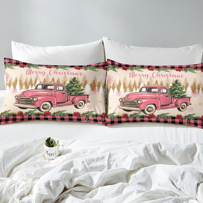 Erosebridal Christmas Queen Comforter Set Merry Xmas Tree Bedding Sets Red Truck Painting Down Comforter,Lattice Decor Bed Set for Kids Boys Girls Teens Bedroom Decor,Reversible