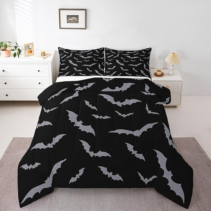 Erosebridal Happy Halloween Comforter Set for Kids Youth Grey Bats Bedding Set Gothic Spooky Quilt Twin Size Cartonn Bed Decorative Bedding Comforter Sets with 1 Pillow Case