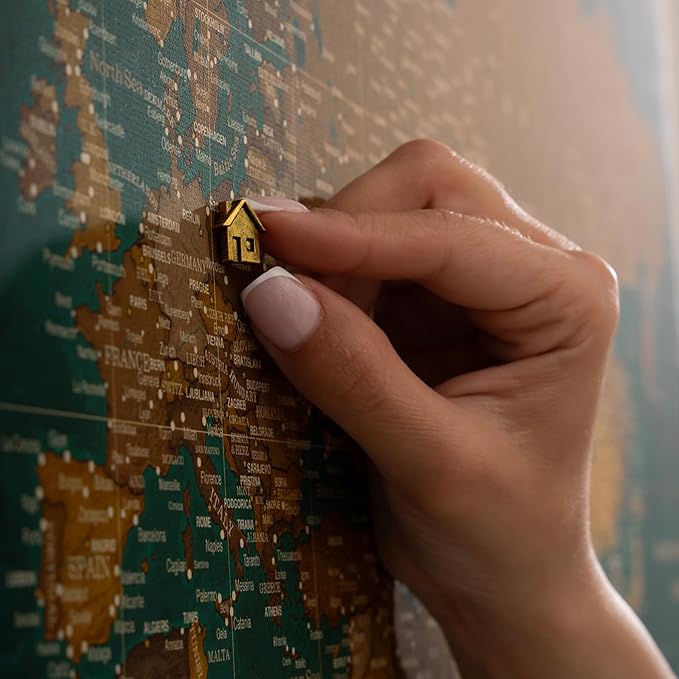 Canvas World Map with Cork Pin Board - English Lettering - Decorative Wall Decoration for All Rooms - Canvas Pictures with World Map Motif (90x60 cm, Pattern 4)