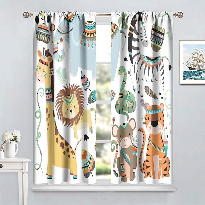 Jungle Tribal Animals Curtains, Southwest Aztec Cartoon Funny Zoo Animals Giraffe Lion Elephant Zebra Tiger Print Thermal Insulation Window Drapes for Kids Boys Girls Bedroom Living Room 84x84in