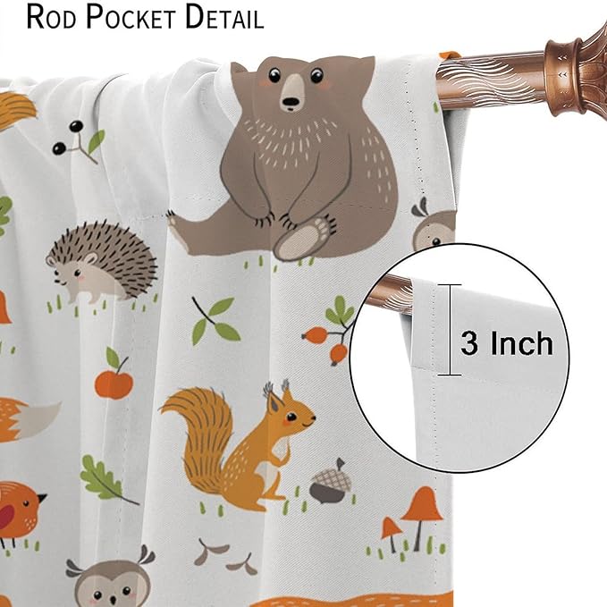 Forest Animal Curtains for Kids, Cartoon Safari Woodland Animals Window Treatments Cute Wild Jungle Bear Fox Deer Bear Window Drapes for Girls Boys Nursery Toddler Bedroom 63x72in