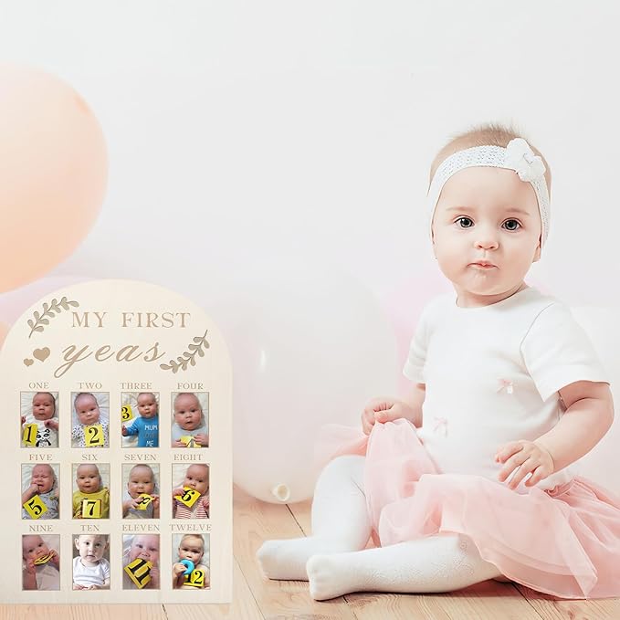 Toyvian Newborn First Year Picture Frame Wood Milestone Board Photo Display Keepsake for Nursery Desk Decoration Months Milestone Photo Frame for Parents