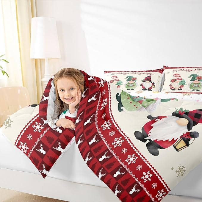 Merry Christmas Kids Comforter Set King Size,Deer Antler Santa Claus Bedding,Girls Boys Adults Bedroom/Xmas Cabin Decor,Snowflake Pine Trees Plaid Down Comforter,Rustic Duvet Insert,2 Pillowcases