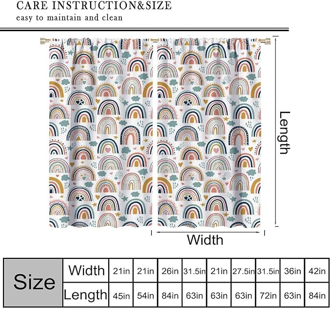Kids Rainbow Curtains Boho Cartoon Colorful Stars Love Heart Lovely Abstract Art Pattern Print Window Drapes for Girl Bedroom Living Room Kitchen Decor,2 Panel Set,63Wx63H Inch Blackout
