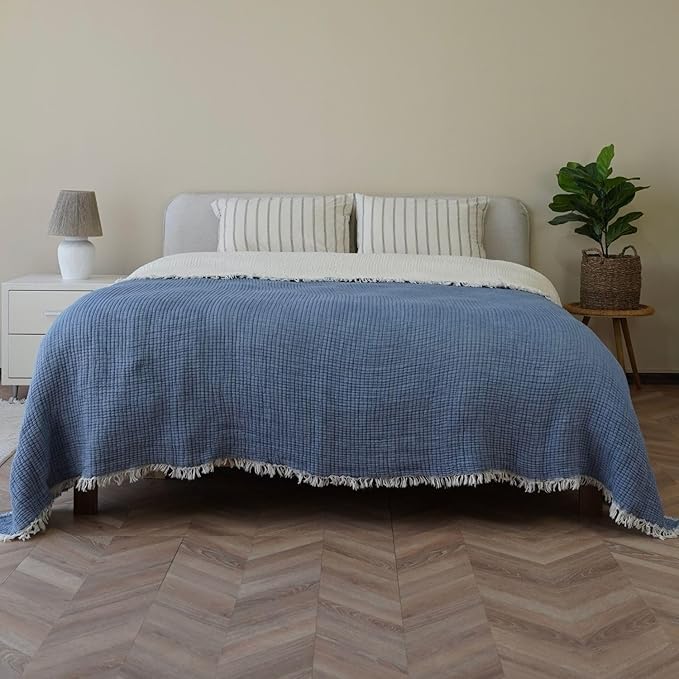 Christmas Muslin Comforter – Cotton Muslin Blanket with Soft Fiber Filling, Breathable & Cozy Muslin Throw Blanket, Reversible Holiday Quilt (Dusty Blue, Queen (U.S. Standard))