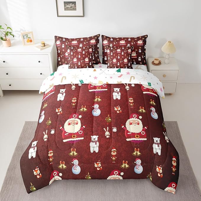 Christmas Kids Bed Set Cute Snowman Santa Claus Decorations Bed in a Bag Boys Girls Bear Rabbit Comforter Set with Sheets Christmas Bells Cartoon Design Bedding Set Bedroom Collection King Size
