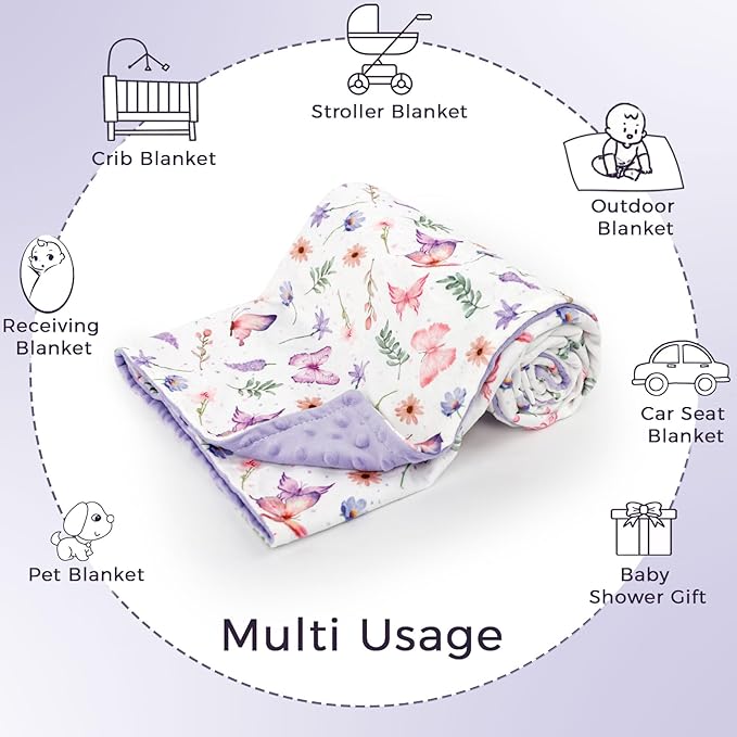 Pea Pod Baby Girls Blanket Soft Butterfly Minky Blanket for Newborn, 30'' x 40'' Double Layer Design, Dotted Backing Warm Baby Quilt Crib Blanket for Nursery/Stroller/Toddler Bed/Baby Car Seat